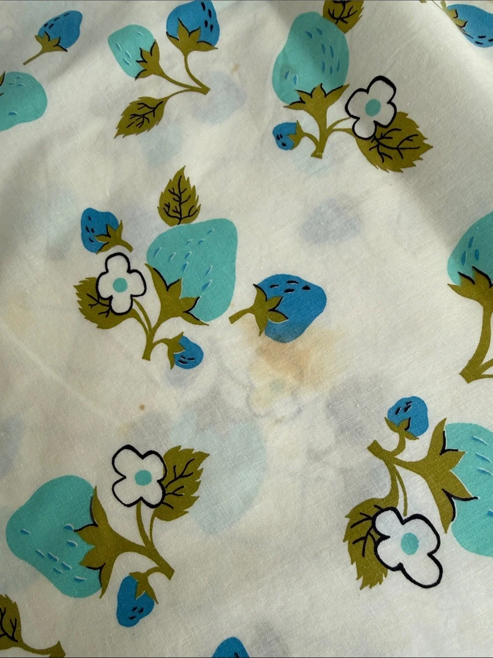 Vintage Handmade Strawberry Tablecloth 50x50 Blue Organdy Border Mid Century